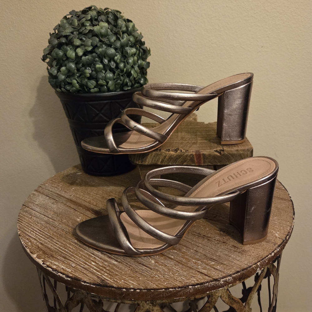 SCHUTZ Felisa Metallic Gold Strappy Leather Block Heel Slide-In Sandals Womens 8